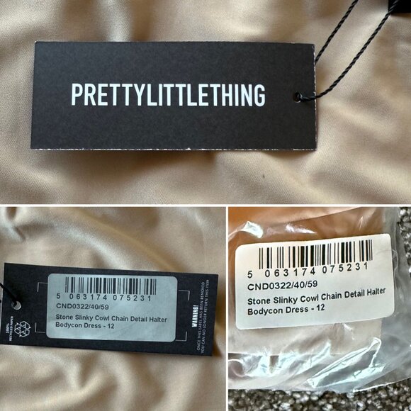 PrettyLittleThing Stone Slinky Cowl Chain Halter Bodycon Dress Size 8 Beige - Picture 8 of 11